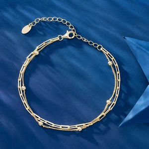Double-layered S925 sterling silver gold bracelet with square beads and paperclip chain