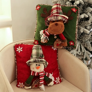 Christmas Pillow Covers Dimensional Santa Snowman Reindeer Sequin Stars Burlap Plush Cushion Case For Home Sofa Decor