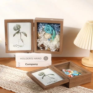 Double folding wooden deep 3D shadow box frame for dried flowers and specimen display