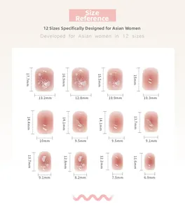 Size chart showing 12 precision dimensions for pink gradient press-on nail set
