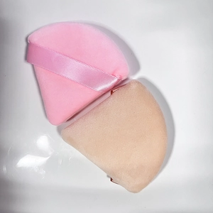 Large triangle makeup powder puffs in pink and beige crystal velvet with ribbon handle
