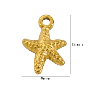 Macro shot of 14K gold starfish charm with dimensions 13mm by 9mm for DIY jewelry