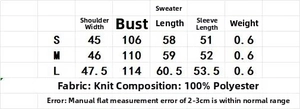 Tableau des tailles détaillé pour pull en tricot pour femmes avec mesures en S, M et L