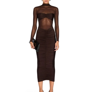 Detail of dark brown mesh long sleeve dress with ruched bodycon design and sheer panels