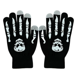 Gants squelette Halloween en tricot noir et blanc avec fonction écran tactile