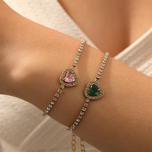 Herz Edelstein Tennis Armband Edelstahl Vergoldet Strass Herzform Verstellbarer Schmuck Für Damen