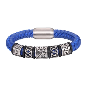 Bracelet tressé en cuir bleu pour homme avec fermoir magnétique et perles celtiques