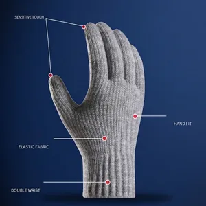 Grey winter thermal knit gloves with dual-finger touchscreen function and elastic fit