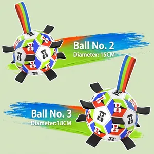 Dog interactive soccer balls with nylon tabs and grab straps in 15cm and 18cm sizes