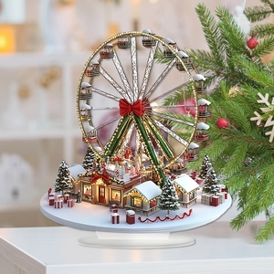Decorazione a ruota panoramica di Natale con luci LED e scena di paesaggio in miniatura