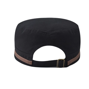 Rear detail view of black cotton cadet cap with brown trim and adjustable buckle.