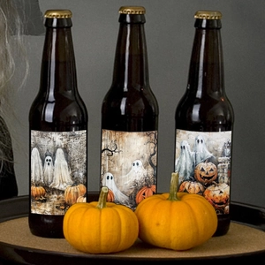 Halloween bottle labels with ghost and pumpkin patterns for spooky party decorations