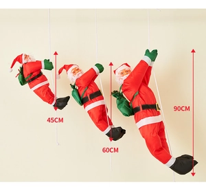 Three climbing Santa Claus dolls on rope hangers in 45cm, 60cm, and 90cm sizes