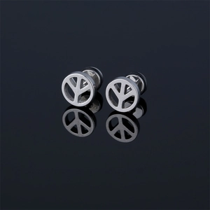 Minimalist geometric round peace sign stud earrings in polished stainless steel for women