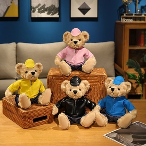 Plush teddy bear dolls in pink, yellow, black and blue wearing stylish jackets and caps