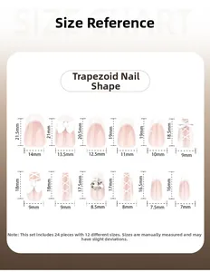 Size chart for white 3D bowknot coffin press-on nails with measurements from 7mm to 14mm