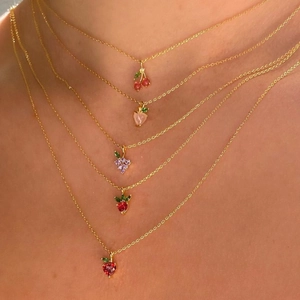Colorful zircon fruit pendant necklace set with cherry peach and grape designs