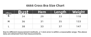 Size chart for seamless criss-cross sports bra with chest and hem measurements