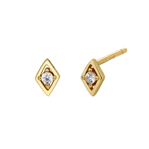 Macro detail of S925 sterling silver stamp on golden geometric diamond stud earrings