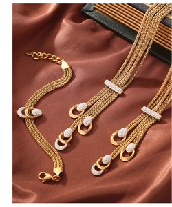 Detail of layered gold stainless steel necklace and bracelet set on brown silk fabric