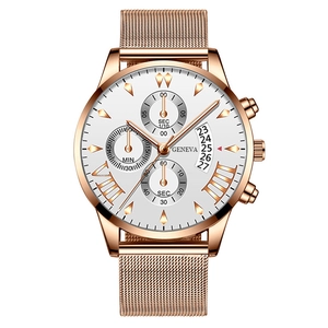 Geneva rose gold business watch with white dial, three subdials and mesh strap