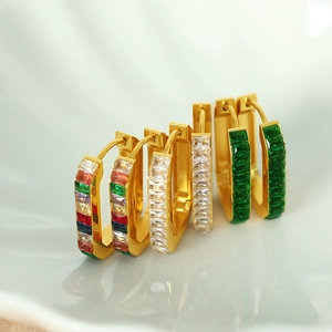 Stainless Steel Rectangular Hoop Earrings Gold Plated Zircon Inlaid Geometric Huggie Minimalist Luxury Jewelry For Women