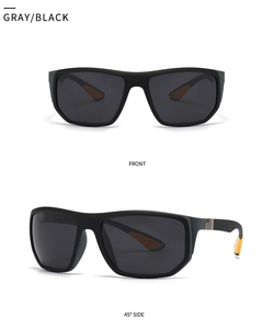 Front and 45-degree side views of gray polarized sports sunglasses with orange non-slip tips