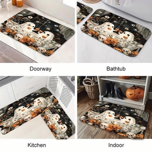 Detail view of Halloween diatomite mats with ghosts and pumpkins in diverse home scenes