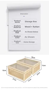 Detailed view of handmade rattan storage boxes with wood frame and clear glass lids