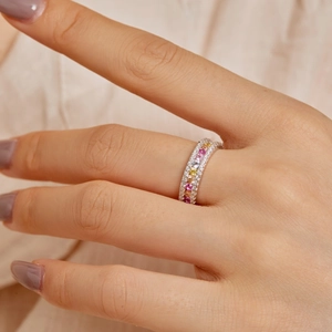 Luxury S925 sterling silver triple row eternity ring with colorful pavé set crystals