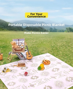 Outdoor disposable picnic mat with bohemian pattern on green lawn against forest background