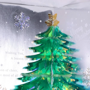 3D pop-up Christmas tree greeting card with green laser material and golden bells