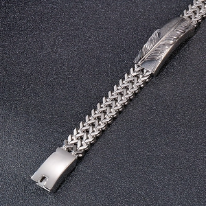 Men's hip-hop feather cross titanium steel bracelet with double woven chain and clasp