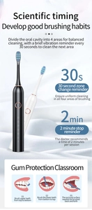 Infographic showing 2-minute smart timer and 30-second zone reminder for electric toothbrush