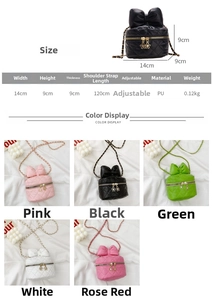 Size chart for mini bow crossbody bag showing dimensions 14x9x9cm and five color options