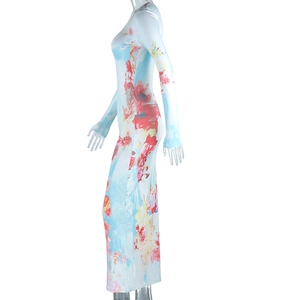 Detail of colorful floral print on white long sleeve bodycon maxi dress for women