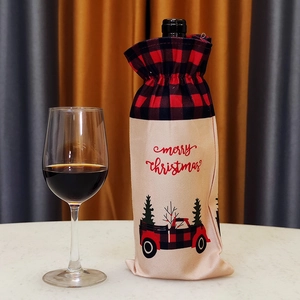 Christmas wine bottle cover with red truck and merry christmas print on fabric