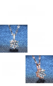 Detail of silver and rose gold S925 sterling silver moissanite necklaces in claw setting