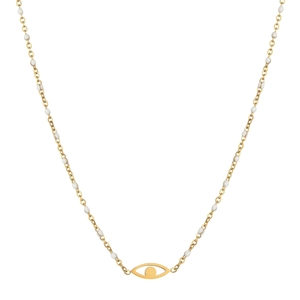 Vue macro détaillée du pendentif œil maléfique doré avec perles en émail blanc
