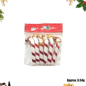 Detail view of 6-piece red and white Christmas candy cane ornaments in festive packaging