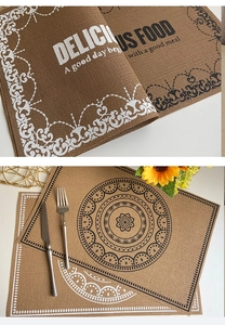 Detail of vintage woven table mats featuring screen-printed mandala patterns and quotes