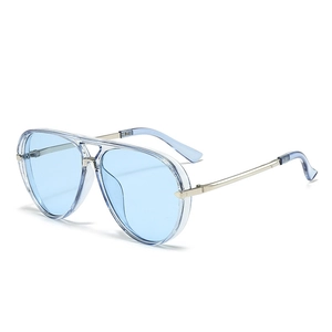 Classic aviator sunglasses with light blue transparent frames and silver metal temples