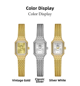 Three luxury octagonal quartz watches with rhinestone bezels in gold and silver finishes