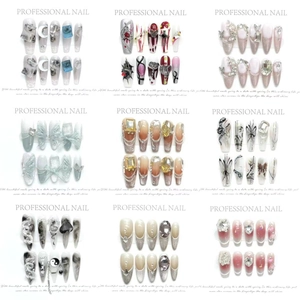 Handmade Press On Nails With 3D Charms Rhinestones Gothic Sweet Punk Long Coffin Almond Shape False Nails For Women