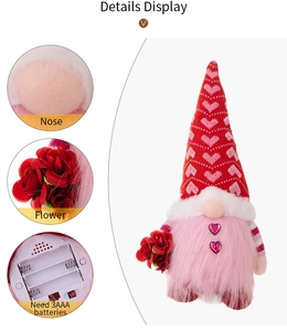 Detail view of Valentine gnome plush with nose, roses, and battery compartment
