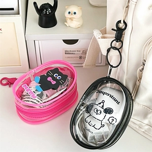 Cute transparent PVC storage pouch for earphones and data cables with a metal carabiner