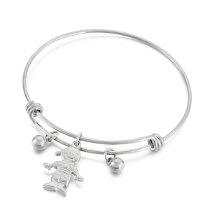 Adjustable silver titanium steel bracelet with cartoon boy pendant and metallic beads