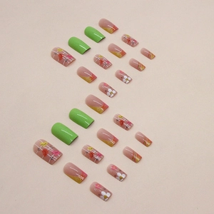 Rainbow summer press-on nails with plaid hearts and daisies in short square shape