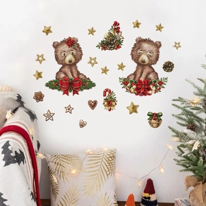 Stickers muraux de Noël avec ours bruns, étoiles dorées et fleurs dans une pièce cosy