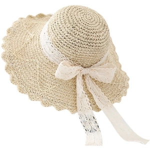 Beige wide-brim straw sun hat with scalloped edges and white lace bow decoration